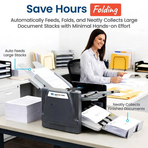 Automatic Paper Folding Machine With Auto Feed for Busy Offices, showing document feed and neat stack collection, in use by office worker.