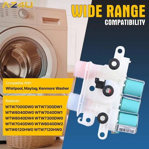 Washer Water Inlet Valve Replacement For Maytag Kenmore Top Load Washers 120V 60Hz Direct Fit Easy Install, shown with washer model list.