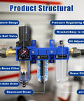Diagram of Three Eighths Inch NPT Air Compressor Water Separator Filter Regulator Lubricator Combo with labeled parts.