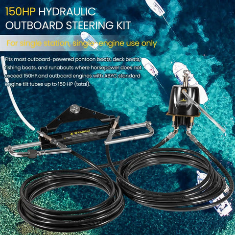 150HP Hydraulic Outboard Steering Kit For Single Station Single Engine Marine System With Built In Two Way Lock Cylinder Pump And 26Ft Heavy Duty Nylon Hose shown from top view