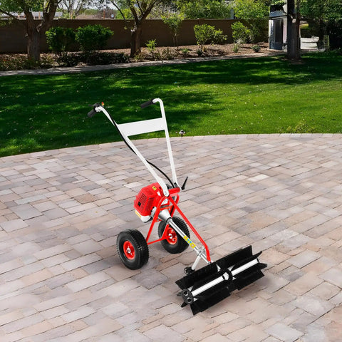 43cc Gas Walk Behind Push Sweeper For Outdoor Debris Cleanup. Features Wide 23 Inch Sweeping Path And Rolling Brush Brooms To Quickly Clear Leaves Grass Litter From Driveways Patios And Large Yards With Reliable Two Stroke Engine Power