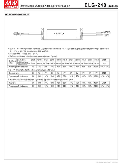 Diagram of 24V 10A 240W LED Power Supply with PFC, Single Output Switching Driver for LED Lighting, CV and CC Modes, Dimming Operation
