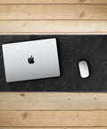 Top Grain Leather Extended Mouse Pad For Office And Gaming Large Desk Mat With slick writing surface shown with laptop and mouse.