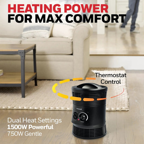 360 Degree All Around Heat Portable Space Heater With Adjustable Thermostat And Two Heat Settings in charcoal grey on floor