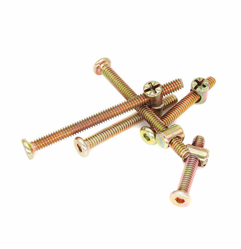 50 Piece 1/4-20 Crib Hardware Replacement Kit with zinc plated hex socket cap screws and barrel nuts scattered.