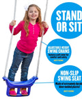 Child on Backyard Swing Set With Seven Seats And Five Stations, featuring a non-slip seat and adjustable-height chains.
