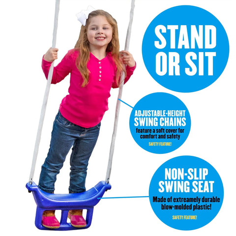 Child on Backyard Swing Set With Seven Seats And Five Stations, featuring a non-slip seat and adjustable-height chains.