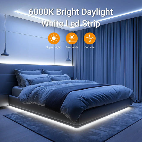 Bedroom with Ultra Bright White LED Strip Light 16.4 Ft 24V Daylight 6000K 6500K Dimmable Tape Light With Dimmer