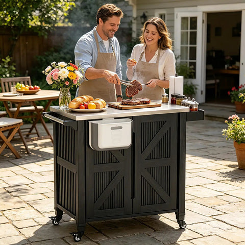 Outdoor Grill Cart With Stainless Steel Tabletop And Storage Cabinet in use at a backyard BBQ with four wheels and folding trash can