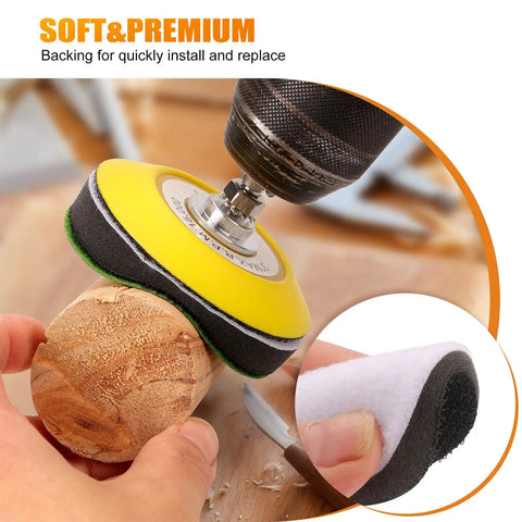 Close-up of Assorted Grit 3 Inch Pro Grade Silicon Carbide Sanding Discs Set for wet and dry sanding on wood with drill attachment.
