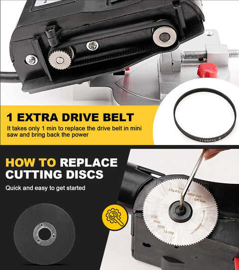 Mini Miter Cut Off Chop Saw For Metal And Wood Crafts, 0 To 45 Degree Miter, 6000 RPM blade and extra drive belt detail