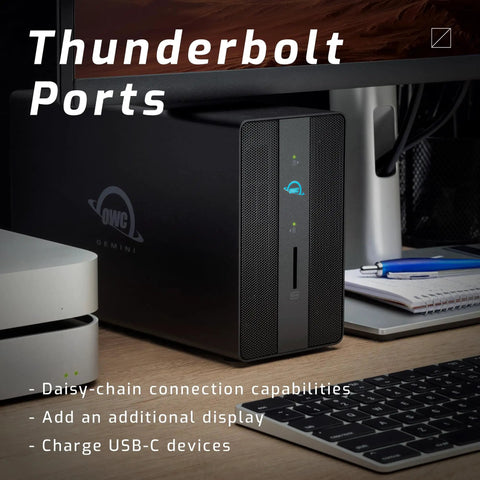 Flat Out Fast Dual Drive Raid Thunderbolt Dock With 12TB Storage And Built In SD Card Reader For Video Editors Seeking Hella Reliable Footage Processing And Zero Lag Time with visible Thunderbolt ports on desk.