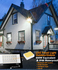 Outdoor Dope RGB Flood Light Kit With Bluetooth App Control illuminating a white house, 8000 Lumens, 800W Equivalent, IP66 Waterproof