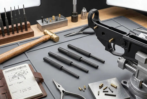Roll Pin Starter Punch Set For AR Builds Four Starter Punches In Sizes One Sixteenth Five Sixty Fourths Three Thirty Second And One Eighth Inches Heat Treated Steel With Black Finish Keeps Pins In Place During Installation on gunsmithing workbench