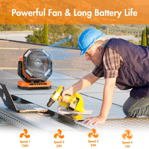 Man using tools beside a 40,000mAh Rechargeable Battery Powered Oscillating Floor Fan With Remote, Delivers 136 Hours Of Cool On Low