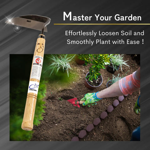 All Around Japanese Weeding Sickle Hand Hoe For Gardening With Razor Sharp Blade And Ergonomic Grip, tool beside planted garden