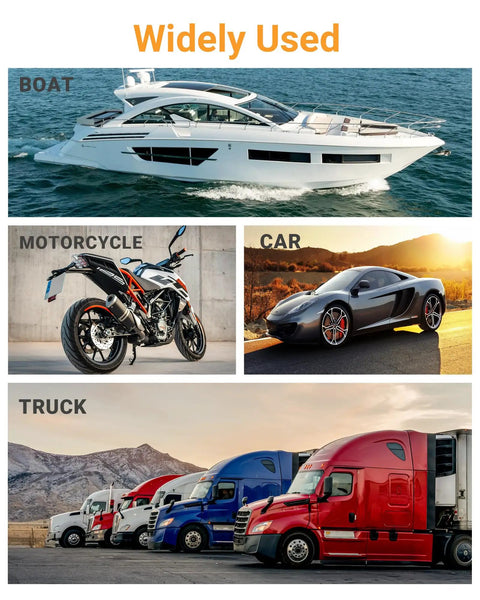 Boat, motorcycle, car, and truck showcasing 12 AWG 2 Pin DTP Connector 2 Way Waterproof Automotive Electrical Connectors usage