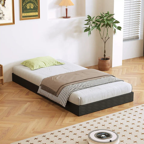 Heavy Duty Twin Bed Box Spring With Noise Free Metal Frame And Thick Fabric Cover For Memory Foam And Innerspring Mattresses Quick Snap Together Assembly Low Riser Sleep Game Changer on wooden floor with bedding and cushions.
