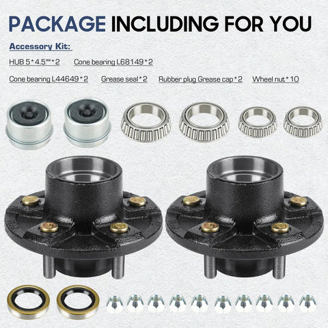 Pro Grade Trailer Idler Hub Assembly Set Of 2 Featuring 5 Lug 4.5 Inch Bolt Pattern, includes metal bearings and seals.