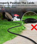 Outdoor Extension Cord 75 Ft Waterproof SJTW 16 AWG 3-Conductor Black for Yard Use, shown in use with lawn mower.