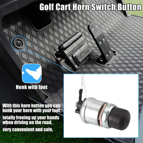 Kickass Hella Loud 12 Volt Golf Cart Horn Kit With Heavy Duty Floor Pedal Switch showing foot switch and horn mount.
