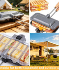 Heavy Duty Double Sided Nonstick Sandwich Maker With Portable Aluminum Flip Pan for outdoor cooking and household use.