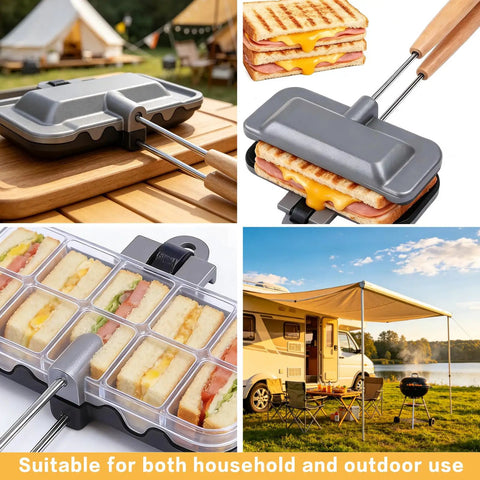 Heavy Duty Double Sided Nonstick Sandwich Maker With Portable Aluminum Flip Pan for outdoor cooking and household use.