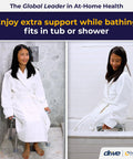 Woman seated on Shower Chair For Tub And Shower, Adjustable Bath Seat With Non Slip Suction Feet, Heavy Duty Bath Stool For Seniors And Disabled, 300 Lb Capacity.