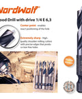 Stubby HSS Brad Point Drill Bit Set With One Quarter Inch Hex Shank For Carpenter Woodworking Seven Piece Pro Grade Bits SAE Sizes From One Sixteenth To Three Eighths Inch displayed on wood surface