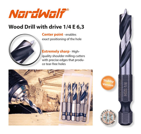 Stubby HSS Brad Point Drill Bit Set With One Quarter Inch Hex Shank For Carpenter Woodworking Seven Piece Pro Grade Bits SAE Sizes From One Sixteenth To Three Eighths Inch displayed on wood surface