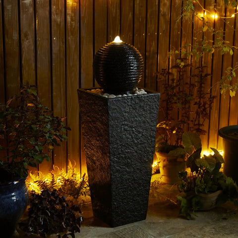 Outdoor LED Light Water Fountain With Submersible Pump Black Pedestal Modern Sphere Floor Fountain For Patio And Garden Decor Pebble Base Weatherproof Polyresin Construction 40 Inch High Yard Vibe
