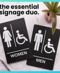 Restroom Sign For Business ADA Compliant Braille Bathroom Sign With Double Sided Tape For Hassle Free Installation 9 By 6 Inch Men And Women Handicap Set Bold White Letters On Black For Maximum Visibility.
