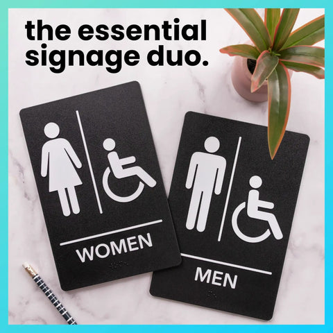 Restroom Sign For Business ADA Compliant Braille Bathroom Sign With Double Sided Tape For Hassle Free Installation 9 By 6 Inch Men And Women Handicap Set Bold White Letters On Black For Maximum Visibility.