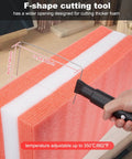 F-shape cutting pen from 4 In 1 Foam Cutter Kit For Styrofoam And Easy Carving, Electric Cutting Pen With U Shape And F Shape Tips, Engraving And Hole Tools, 100-240V 28W Heat Tool, Carrying Case, Great For DIY Projects, slicing through orange and white styrofoam block