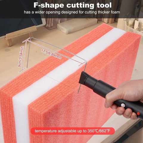 F-shape cutting pen from 4 In 1 Foam Cutter Kit For Styrofoam And Easy Carving, Electric Cutting Pen With U Shape And F Shape Tips, Engraving And Hole Tools, 100-240V 28W Heat Tool, Carrying Case, Great For DIY Projects, slicing through orange and white styrofoam block