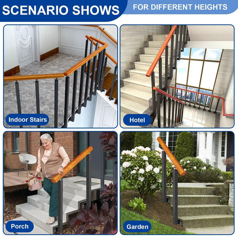 Dang Sturdy Wooden Handrail With Wrought Iron Posts And Adjustable 270 Degree Bracket For Outdoor Porch Or Deck Stairs Slick Powder Coated Safety Grab Rail Kit Gonna Keep You Totally Secure used on indoor stairs, hotel, porch, and garden settings.