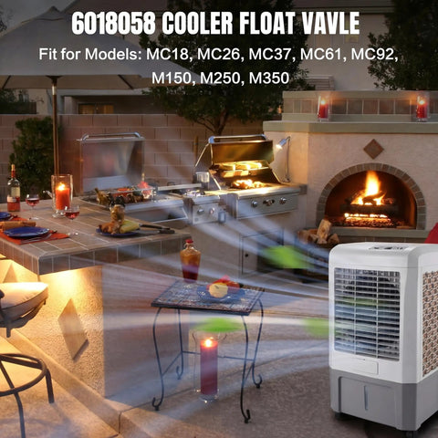 Outdoor patio with BBQ grill, fireplace, and swamp cooler with text overlay detailing compatibility of models MC18 to M350.
