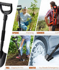 Compact 31 Inch Garden Shovel With D Grip Handle for tight spaces and raised beds, shown with camping and emergency uses.