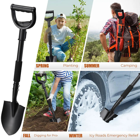Compact 31 Inch Garden Shovel With D Grip Handle for tight spaces and raised beds, shown with camping and emergency uses.