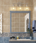 Modern 3-Light Vanity Fixture With Clear Ribbed Glass Shades In Nickel Finish For Bathroom above mirror in tiled room