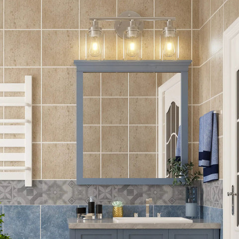 Modern 3-Light Vanity Fixture With Clear Ribbed Glass Shades In Nickel Finish For Bathroom above mirror in tiled room