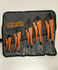 Five Piece General Purpose Locking Pliers Set With Roll Up Pouch In Black And Orange Curved Jaw Pliers 5 Inch And 10 Inch Omnium Grip 7 Inch Plus Handy Locking Pliers For Pros And DIYers displayed in a roll-up pouch