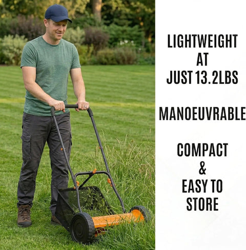 Man pushing lightweight 16 inch push lawn mower with rear roller, heavy duty steel blades, 6.5 gallon grass catcher