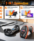 Wireless 1D 2D QR Barcode Scanner With Charging Cradle And Counting Screen Ultra Fast Scanning Speed High Resolution Handheld Barcode Reader For Warehouse Inventory And Stock Management showing 2-in-1 USB and wireless connection