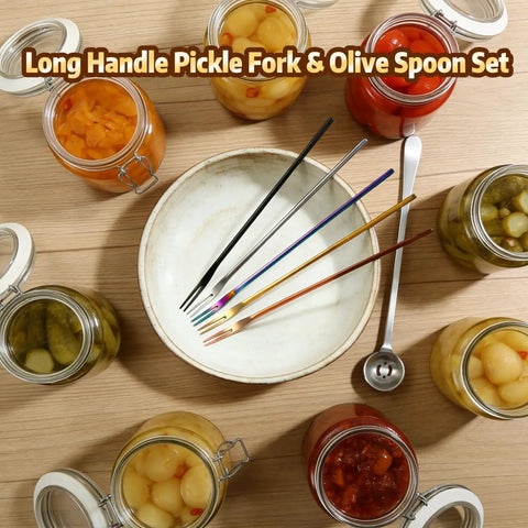 Six-Piece Pickle Fork Set With 8.66-Inch Long-Handle Olive Forks And Spoons; rainbow, rose gold, gold, black, silver finishes.