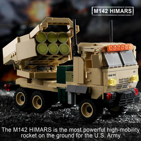 Military Vehicle Building Kit Dual M142 HIMARS And Dana M2 Howitzer Army Truck Models with poseable wheels on display