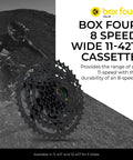 8 Speed Mountain Bike Cassette 11 42T For Standard HG Hubs 9 10 11 Speed Lightweight MTB Cogs Wide Gear Range Durable Steel Compatible Bike Cassette For Trails And All Terrain Riding, featuring box image with cyclist in background