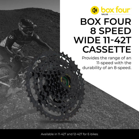 8 Speed Mountain Bike Cassette 11 42T For Standard HG Hubs 9 10 11 Speed Lightweight MTB Cogs Wide Gear Range Durable Steel Compatible Bike Cassette For Trails And All Terrain Riding, featuring box image with cyclist in background
