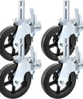 Built Tough 8 Inch Heavy Duty Swivel Casters, Rock Solid Polyurethane Wheels, Dual Lock Brakes, Bulletproof Iron Core, 1100 Lb Per Wheel, Easy Thread Stem Mount For Scaffolding And Shop Rollers. Display of four swivel casters with a metal finish.