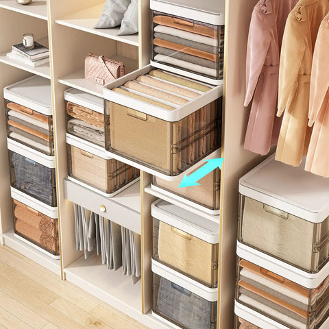 Three-Pack Stackable Clothes Organizer Bins With Sliding Rails And Removable Lids, drawer style storage in closet